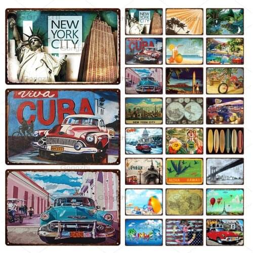 Famous Tourist City Retro Metal Plaque London New York Hawaii Summer Seaside Vacation Vintage Metal Sign Home Decor Wall Sticker