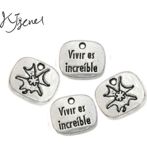 JAKONGO Antique Silver Plated vivir es increible Clover Charms Pendants Jewelry Findings Accessories Making DIY 11x13xmm