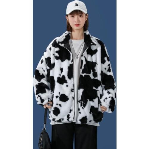 Autumn Winter Cow Printed Coats Men Soft Zipper Jacket Fashion Causal Loose Outerwear Couples Clothing Male Female Plus size