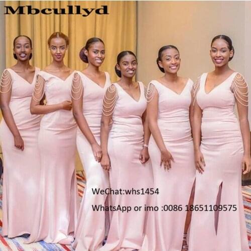 Mbcullyd Pink Mermaid Bridesmaid Dresses Long 2020 With Beading African Wedding Party Dress Sexy Side Split Maid of honor Gowns