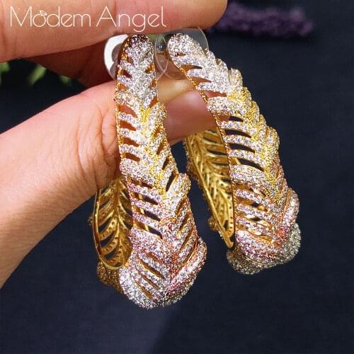 ModemAngel Hollow Luxury Lines Full Cubic Zircons 3 Tones Copper Big Earrings Women Lovers Engagement Party Gifts