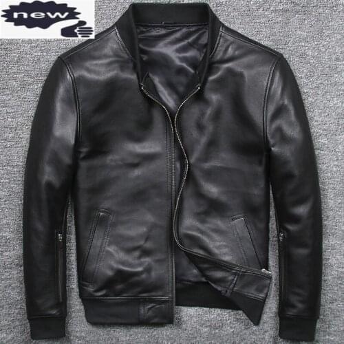 Autumn Sheepskin Genuine Mens Slim Black Zipper Real Leather Coat Stand Collar High Quality 5XL Baseball Jacket