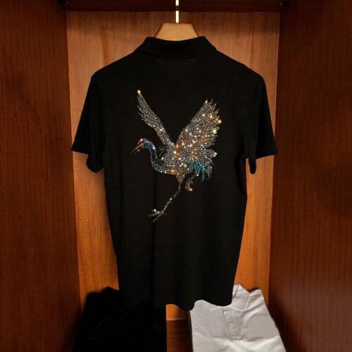 Mens Top Fashion Polo Shirt High-End Loose Short Sleeve Super Shiny Hot Rhinestone Animal Design Handsome Style