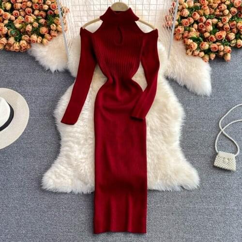 Stand Collar Bodycon Knitted Warm Thick Winter Korean Jumper Dresses Solid Woman 2021 Casual Sweater Dress Women Vestido Midi