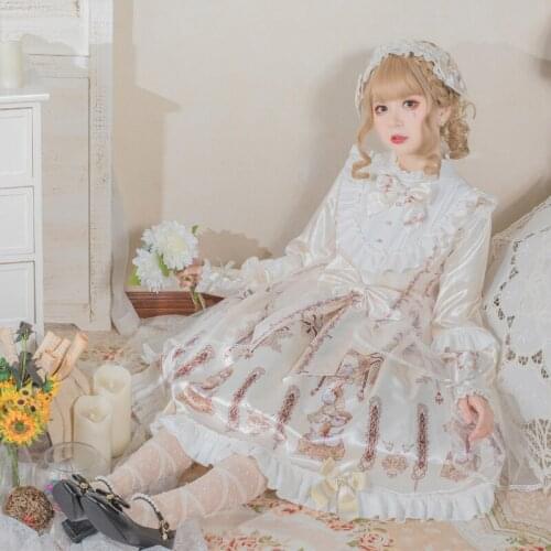 Original Genuine Lolita Finch with Cream Flower Op Long Sleeve Reflective Daily Dress Autumn and Winter lolita dress