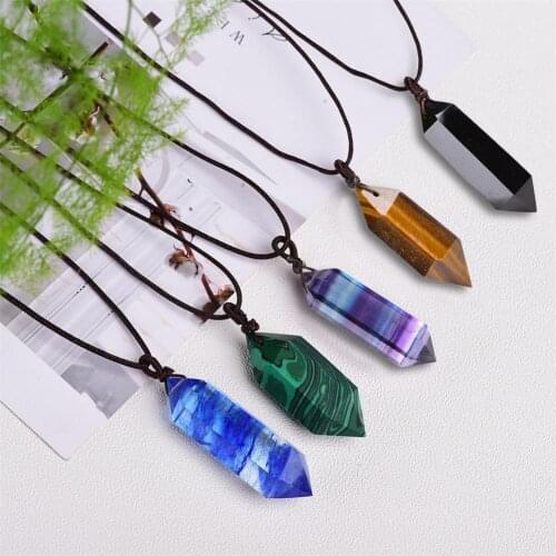 100% Natural Fluorite Pendant Crystal Amethyst Gemstone Hexagonal Pointed Reiki Chakra Pendant Healing Stones Necklace