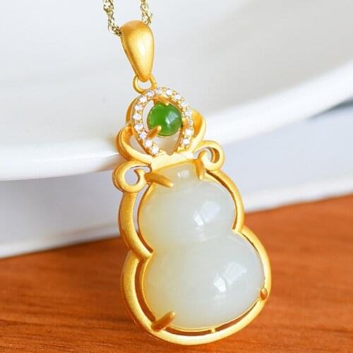 Natural White Jade Gourd Pendant 925 Silver Necklace Chalcedony Chinese Carved Charm Jewelry Agate Fashion Amulet Men Women Gift