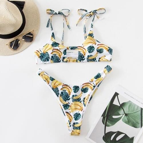 Sexy Leaf Banana Print Bikinis 2021 Mujer Swimwear Women String Swimsuit Thong Bikini Set Holiday Cut Out Bathing Suit Biquinis