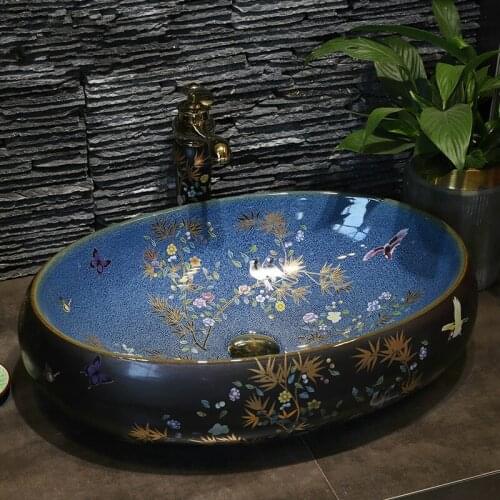 Blue and black Jingdezhen Bathroom ceramic sink wash basin Counter Top antique sink vanity flower bird Wash Basin Bathroom Sink