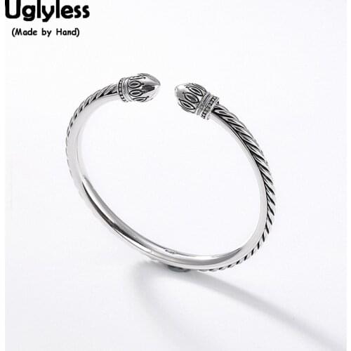 Uglyless Real Solid 999 Pure Silver Lotus Open Bangles for Women Thai Silver Bracelets Twist Bangle Ethnic Spiral Fine Jewelry