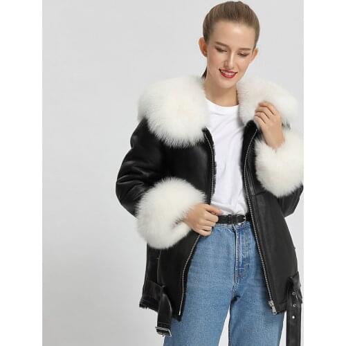High Quality Real Sheepskin Coat Fashion Women Lamb Fur Lined Jacket Luxury Fox Fur Genuine Leather Jacket