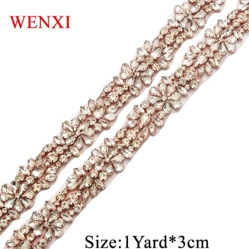 WENXI 5 YARDS Handmade Sewing Bridal Rose Gold Crystal Rhinestones Appliques Trim For Wedding Dress Belt Sashes WX857