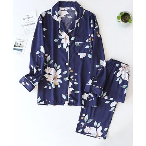 Japanese Floral Long Sleeves Pyjamas Women Rayon Cotton Sleepwear Ladies Printed Turn-down Collar Pajama Sets Women Home Wear