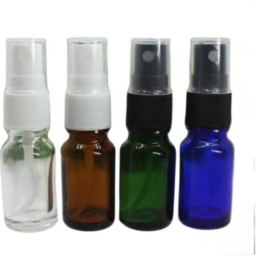 50pcs 10ml green/clear/blue/brown glass bottle with white black mist spray pump for essential oil serum water skin packing