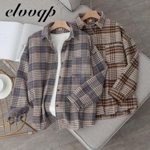 Casual Spring Autumn Women Plaid Blouse Button Long Sleeve Female Shirts Loose Street Pockets Jacket Ladies Fashion Elegant