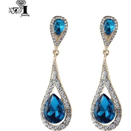 YaYi Jewelry Fashion BOHO Blue Glass Crystal Rhinestone Dangle Women Ancient Gold Color Wear Ear Band Long Tassel Earrings