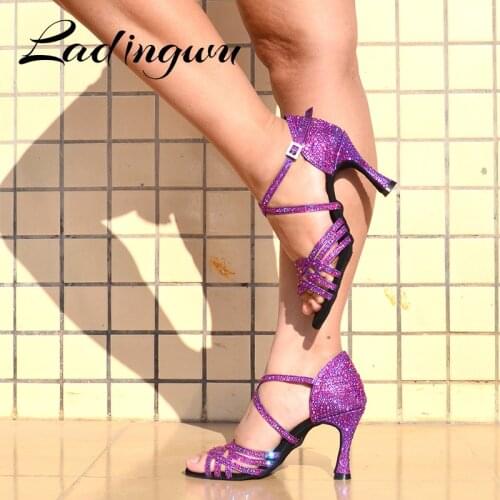 Ladingwu Women Salsa Party Ballroom Shoes Latin Dance Shoes Big Small Rhinestone Shining Purple Black Flash Cuban Heel 6-10cm
