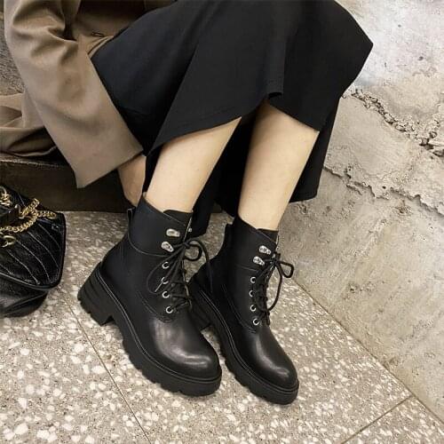 QZYERAI England Vintage Fashion Cowhide High GENUINE LEATHER Martin Boots Motorcycle Ankle Boots Women Shoes Woman Shoes Women