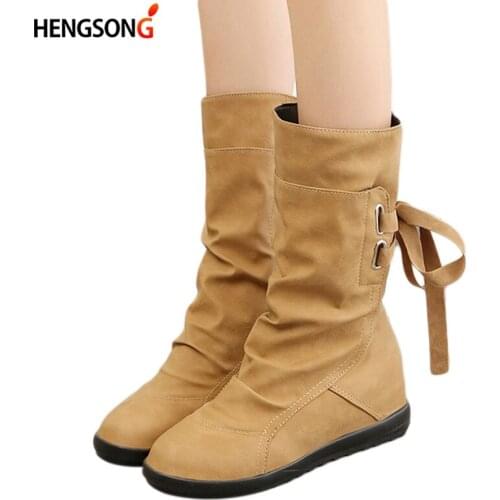 Women Winter Boot Lace-Up Mid-Calf Boot Solid Wedges Height Increasing Shoes Woman Lady Casual Leather Boot Fashion Botas Mujer