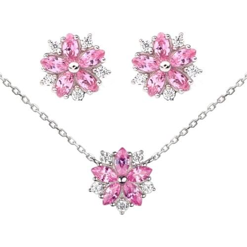 Womens Jewelry Set 925 Silver Stud Earrings Pendant Necklace Sets Marquise Shape Pink CZ 18-inch Cable Chain SET008