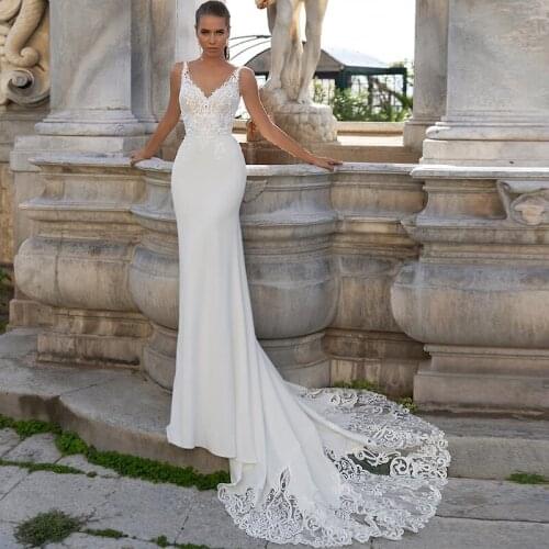 Straps V-neck Mermaid Wedding Dress Bohemian Trumpet Open Back Lace Satin Bridal Gown Vestido de Novia 2020 White Ivory