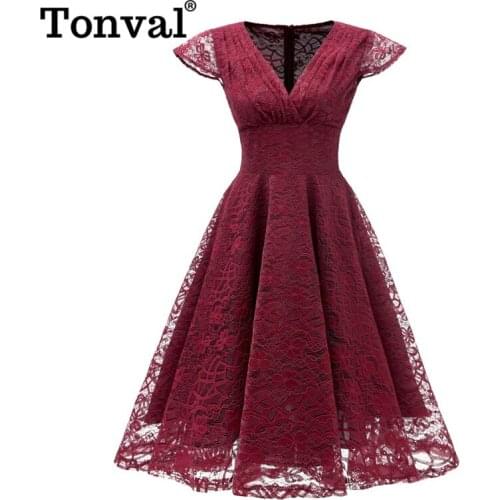 Tonval Ruched V Neck Wrap High Waist Vintage Lace Dress Party Women Cap Sleeve Fit and Flare A Line Elegant Dresses