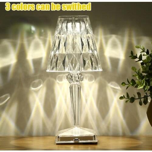 1Pc 3 Colors Touch Control Crystal Diamond Table Lamp Rechargeable Bedroom Bedside Light