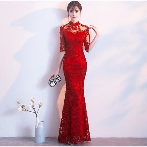 2019 Red Chinese Wedding Dress Female Long Half Sleeve Cheongsam Slim Chinese Traditional Dress Women Qipao for Wedding Party