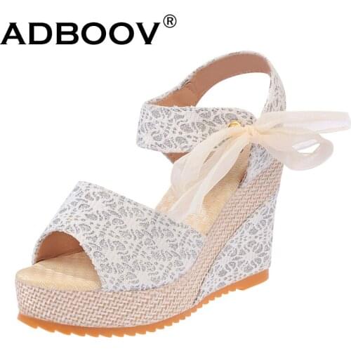 ADBOOV Peep Toe Wedge Platform Sandals Women Lace Bow-Knot Party Sandals Ladies Height Increasing 10 cm Summer High Heels Shoes