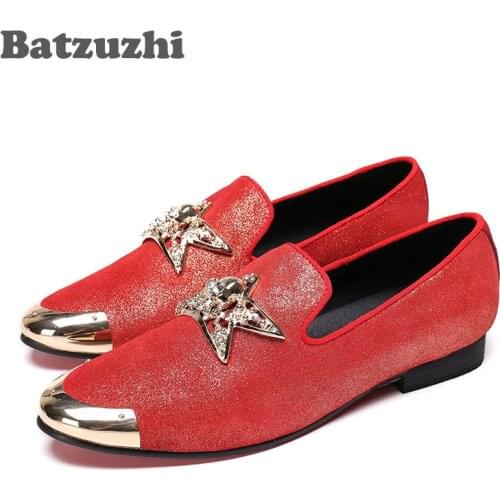 Batzuzhi New Mens Shoes Red Casual Leather Shoes with Metal Star Leather Loafers Shoes Men Party and Wedding Flats Man Zapatos