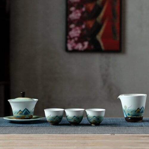 Bowl Tea Set Set Japanese Style Kiln Baked Glow Retro Cover Teacup Set Porcelain Kung Fu Tea Set Tea Cup Gaiwan Chinese Tea Set
