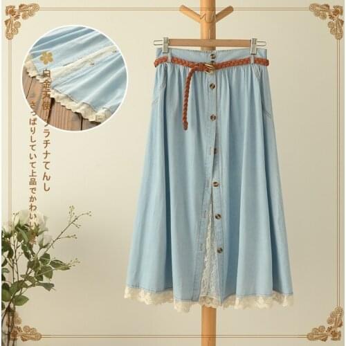 Japanese Style New Schoolgirl Literary Sweet Lace Stitching Denim Skirt 7374