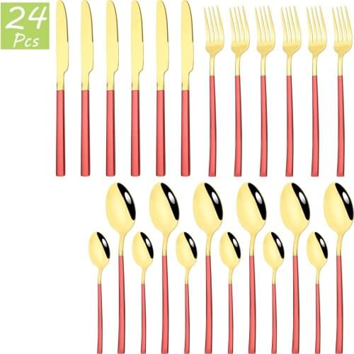24Pcs Red Gold Dinnerware Set Stainless Steel Cutlery Knife Fork Coffee Tea Spoon Tableware Flatware Home Kitchen Silverware Set