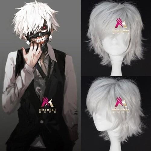 Wigs Tokyo Ghoul Kaneki Ken Wig Short Straight Silver Grey Synthetic Hair Cosplay Anime Wigs Heat Resistance Fiber +wig cap