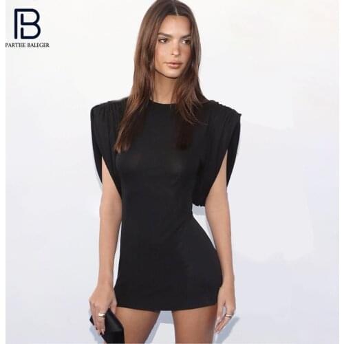 PB Free Shipping 2020 New Chic Black Mini Dress Draped Sleeves Design Muscle Shoulder Silhouette Celebrity Party Club Dress