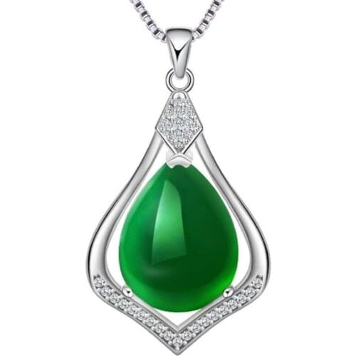 Natural Green Chalcedony Drop Pendant Fashion Jewelry Hand Carved 925 Silver Inlaid Necklace for Men and Women