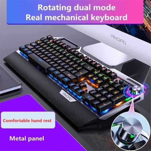 Wired metal mechanical gaming keyboard RGB with hand rest phone holder knob adjustment Full Size 104 key Blue Black Switch New