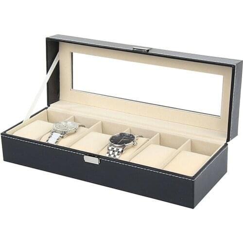 6 Grids PU Leather Watch Box Holder Jewelry Organizer Storage Box Watch Display Box with Glass Window Display Bracelet Boxes