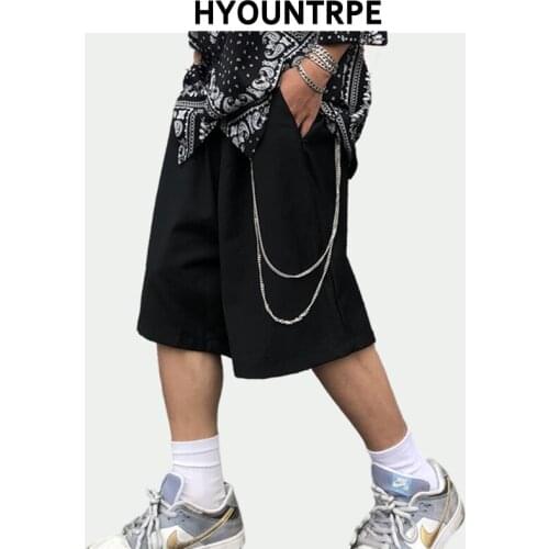 Mens Shorts Summer Casual Black Zipper Elastic Waist Straight Short Pants with Chain New Hip Hop Streetwear Loose Shorts Joggers