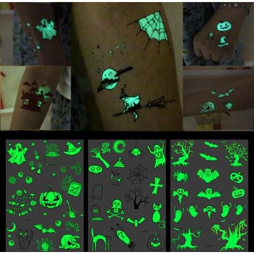 1pc Halloween Luminous Tattoo Ghost Taty for Kids Fake Tattoo Witch Glowing In Dark Waterproof Temporary Tattoo Stickers