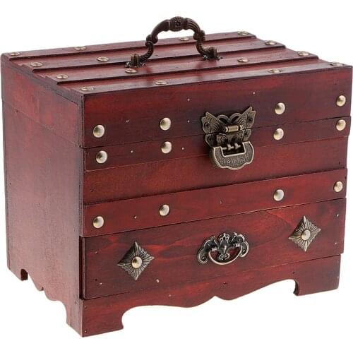 Vintage Wooden Jewelry Box with Mirror and Lock - Storage Rings Trinket Case Organizer Case - 2 Layer Retro Style Hand Carving