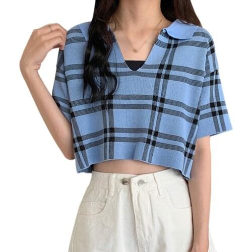Womens Loose Plaid V Neck T-Shirt Korean Style Summer Navel Exposed Short Sleeves Knitted Tops