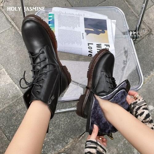 2021 Genuine Leather Boots Women Shoes Thick Sole Lace Up Autumn Winter Short Ankle Boots for Women Motorcycle Boots Snow Boots