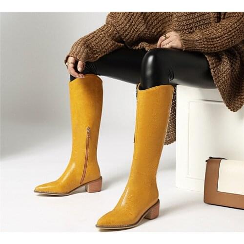 YMECHIC 2020 Med Chunky Heels Long Knee High Knight Riding Boots Yellow Black Red Blue Pointed Toe Womens Shoes Winter Botas