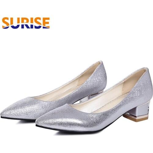 Big Size Women Pumps Low Medium Gilt Block Heels Pointed Toe Glitter Bling PU Leather Dress Office Party Wedding Red Ladies Pump