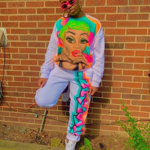 Harajuku 2 Two Piece Set Women Tracksuit Cartoon Print Winter Long Sleeve Sweatshirt Sweatpants Sweat Suit Jogging Femme