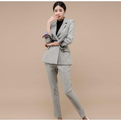2019 Winter Solid Formal OL Office Work Two Piece Set Women Double Button Suit Coat and Pencil Pants Ladies Fashion 2 Piece Set