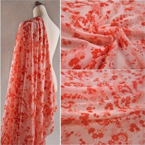 50*150cm Tencel Hemp Red Floral Chiffon Yarn Fabric Retro Chinese Style Hanfu Cheongsam Skirt Handmade DIY Fabric