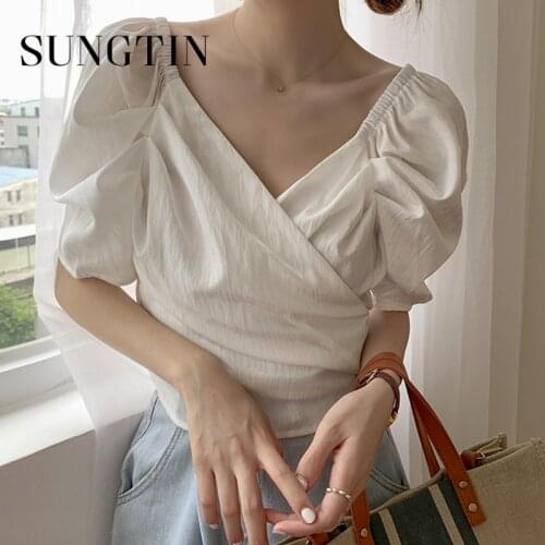 Sungtin White Raglan Sleeve Sashes Slim Short Blouse Shirt Women V Neck Puff Sleeve Lace Blouses Korean Chic Elegant Blouse Tops