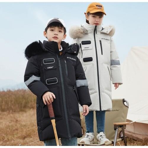 Children Winter Long Jackets Boy Girl Reflective Sleeve Night Safety Real Fur Collar Down Coat Teenage Warm Clothes